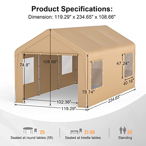 Morngardo Carport 10'X20' Heavy Duty Car Canopy Portable Garage With Roll-Up Windows, Removable Sidewalls & Doors For Truck Boat Car Port, Party, Storage (Beige) #TOP2