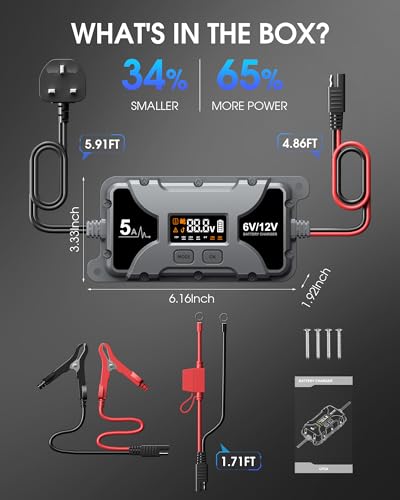 Powerextra 5A Car Battery Charger & Maintainer, 6V/12V Portable Smart Trickle Charger with LED Display & Repair Mode for Lead-Acid AGM Lithium Caravan Batteries - Image 9