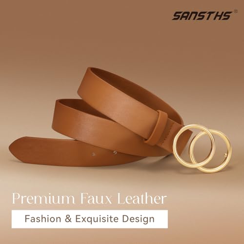 SANSTHS 2 Pack Women Leather Belts Faux Leather Jeans Belt with Double O Ring Buckle Black Brown S - Thumbnail 2
