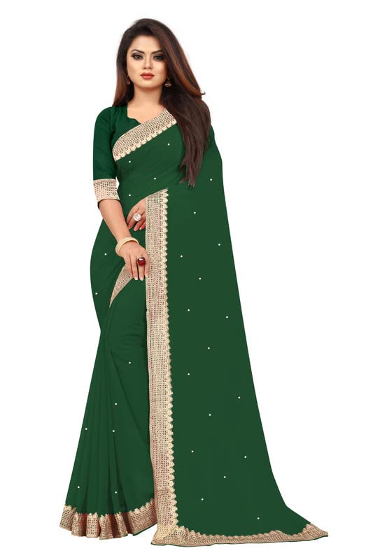 YASHVI DESIGNERYASHVI CREATIONS Women's Pure Georgette Moti Work Saree with Unstitched Blouse Piece (GREEN)