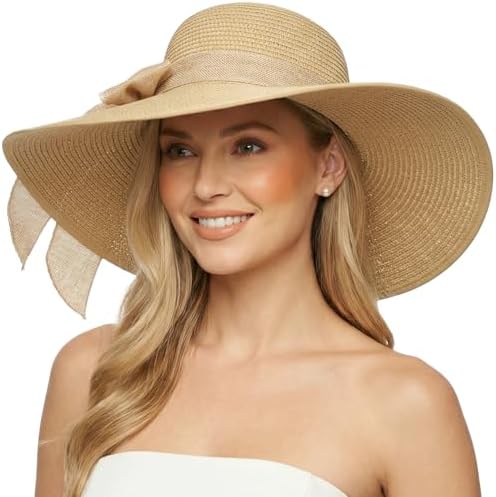 DRESHOW Beach Hats for Women Big Straw Wide Brim Summer Hat Floppy Foldable Roll up Cap Sun Hat UPF 50+