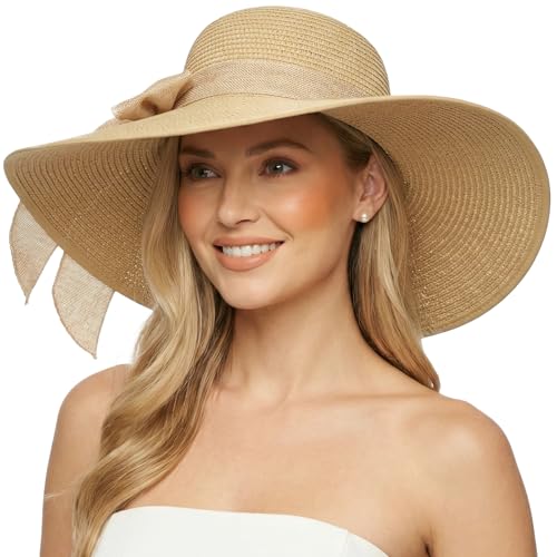 DRESHOW Women Wide Brim Bow Straw Hat Floppy Foldable Beach Sun Hat Roll up Cap UPF 50+