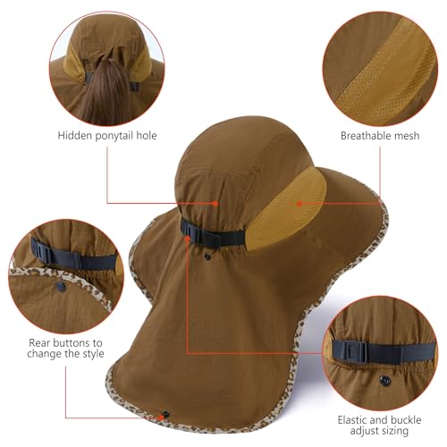 Image of BASSDASH UPF 50+ Unisex Water Resistant Wide Brim Sun Hat with Large Neck Flap Ponytail Fishing Hat for Men Women