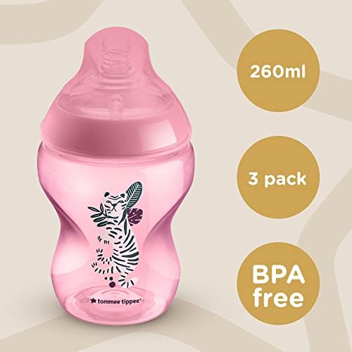 Tommee Tippee Closer to Nature Baby Bottles, Slow-Flow Breast-Like Teat with Anti-Colic Valve, 260ml, Pack of 3, Jungle Pinks