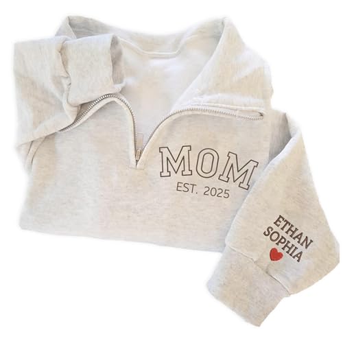 IZI POD-Custom Mom Est 2025 Embroidered Quarter Zip Crewneck Sweatshirt With Kids Name Sleeve For Women Personalized Gifts For New Mom To Be Mother's Day Birthday Christmas Embroidery Sweater