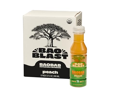 BaoBlast Peach Baobab Drink – Organic Baobab Fruit powder with peach, Monk‑Fruit Sweetened Functional Beverage with Prebiotic Fiber & Natural Electrolytes for Immune & Gut Support – 12 fl oz 6 Pk