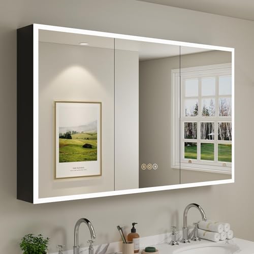 Buruis 60 x 32 Inch Medicine Cabinet with LED Lights and Mirror, Recessed/Wall Mounted Bathroom Cabinet, 3-Color Light, Defogger, Memory Function, Outlet & USB, Dimmer, Black