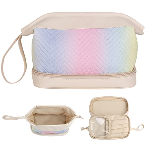 HANKLPH Double Layer Makeup Bag,Large Capacity Travel Cosmetic Bag,Travel Essentials,Portable Leather Make up Organizer Bag,Cosmetic Travel Bags, Travel Toiletry Bag for Women (Gradient Color)