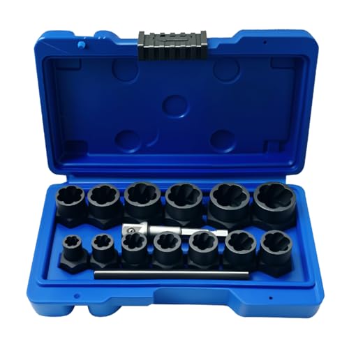 NORTOOLS 15 PCS 3/8” Drive Shallow Impact Socket Set,Metric and SAE Cr-V Steel Lug Nut Extractor Twist Socket Set for Removing Damaged Bolt， Nut Extractor & Screws 1/4 inch-19 mm (3/4 inch)