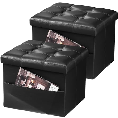 AmasSmileR 収納オットマン 折りたたみ式フットレストスツール サイドポケット付き 16インチ レザーフットスツールベンチ ショートオットマンベンチ 収納フットレストストア 書籍 レコードサポート 330ポンド ブラック 2個セット