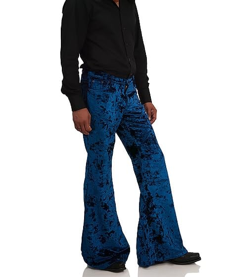 Image of Men's Velvet Relaxed Vintage 60s 70s Bell Bottom Stretch Fit Classic Comfort Flared Flares Retro Leg Disco Pants