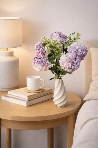Image of Premium Combo Artificial Hydrangea Flower Bouquet with Designer Ceramic Vase | 7 Heads Snowflake Fabric Real Touch Flowers | Luxury Home Decor for Living Room(ND-14)