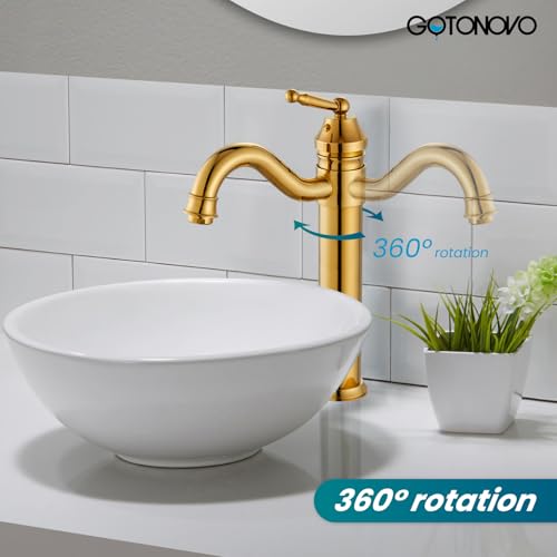 gotonovo Bathroom Vessel Sink Faucet Single Handle Brass Long Reach Bathroom Faucet 1 Hole Deck Mounted Mixer Tap with Pop Up Drain Polished Gold - Thumbnail 4
