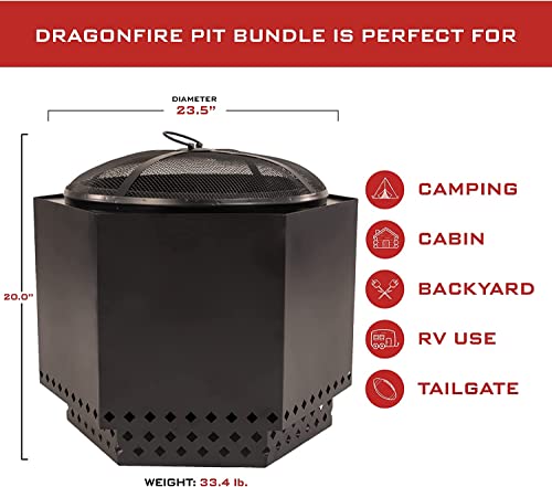 Dragonfire 23.5 Inch Smokeless Wood Burning Outdoor Bonfire Fire Pit Bundle, Includes Stand, Spark Screen, & Waterproof Cover - Great For Camping, Cooking, Tailgating, And Patio, Black #TOP5