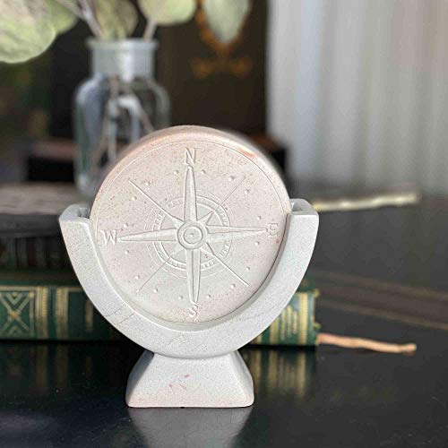 Global Crafts Hand-Carved Compass Soapstone Sculpture, 2-Piece Set, Two-Tone Gray, Made In Kenya (Ksacmp-Lg) #TOP3