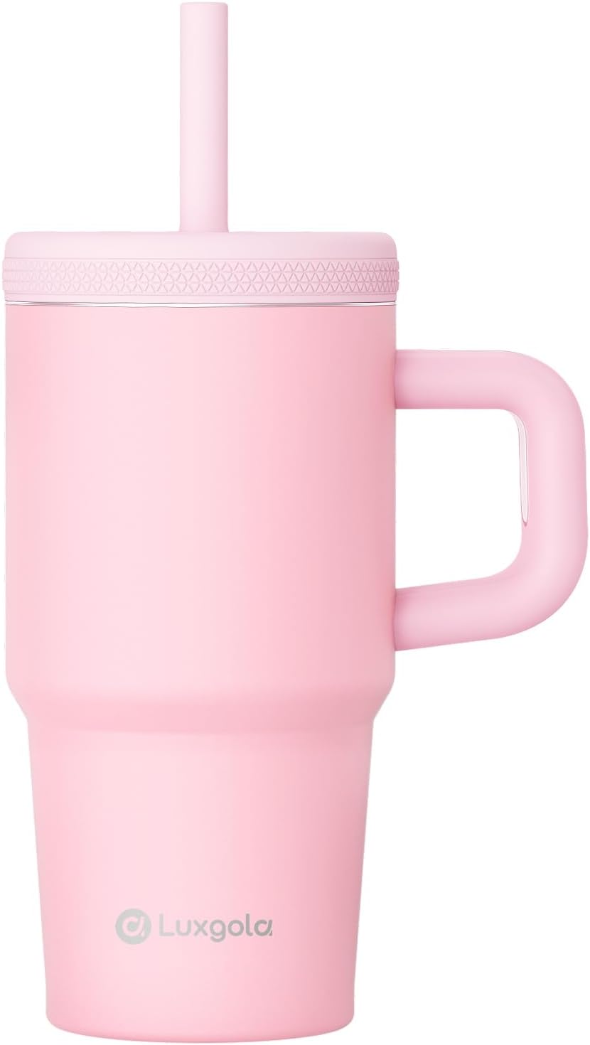 Luxgola Kids 20 oz Tumbler with Handle, Leak-Proof Screw-On Lid with Removable Silicone Straw, Spill Proof, Reusable Stainless Steel Insulated Water Bottle, Gifts for Boys and Girls, Pink