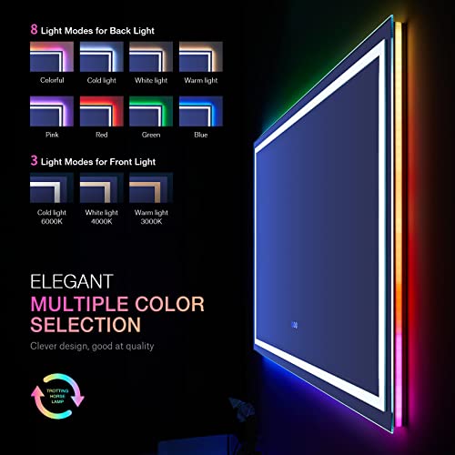 LOAAO 60”X30“ RGB LED Bathroom Mirror with Lights for Bathroom, Anti-Fog, Dimmable,Multiple Light Modes, RGB Backlit + Front Light, Memory Function, Tempered Glass