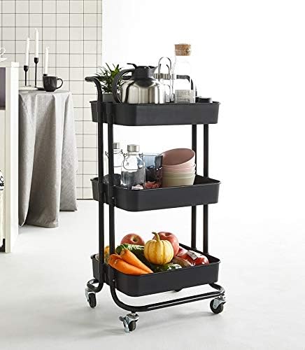 Household Storage Trolley, Utility Cart with Wheels, 3 Tier Rolling Cart, Service Trolley Cart, Mobile Storage Cart, Removable Utility Organizer Cart, Craft Cart for Kitchen, Office, Bathroom, Black
