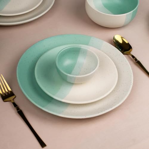 Image of The Earth Store Handcrafted TT Green Matte Ceramic Dinner Set, 30 Pieces Serving for 6, Microwave and Dishwasher Safe, Bone-Ash Free, Dinner Sets | Crockery Set for Gifting & Dining
