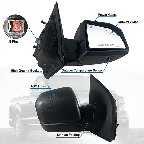 Lqito Right Passenger side Mirror with Power Glass, Outdoor Temperature Sensor and Manual Folding Fits 2015-2020 Ford F150 Without Turn Signal, Non-Heated Replace JL34-17682-BG (5 Pins) by Lqito - Used condition - Image 2