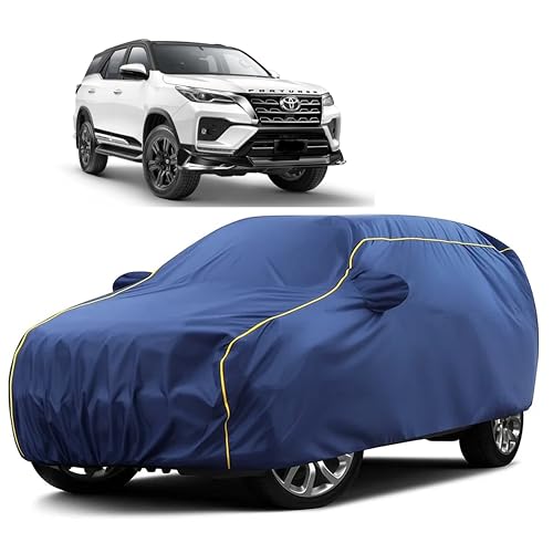 Image of Sulfar 100% Water Resistant Car Body Cover Compatible with Mirror for Toyota Fortuner (Triple Stitched, Full Bottom Elastic, Blue Taffeta with Yellow Piping)