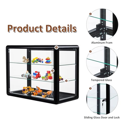 Homtique Display Case, 3 Tier Tempered Glass Counter Top Display Showcase, Black Aluminum Frame Display Cabinet with Sliding Glass Door and Lock, 24\" W x 12\" D x 18\" H - Thumbnail 4