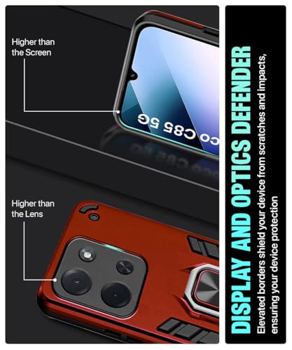 Image of WOW IMAGINE Shock Proof Back Case Mobile Cover for Mi Redmi 15C 5G | Poco C85 5G 2025 | Back Cover Case (Tough Armor | Hybrid PC + TPU | Ring Holder & in-Built Kickstand | Red)