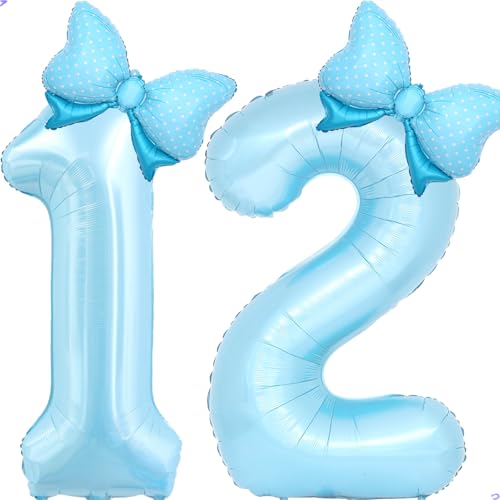 Image of Light Blue 12 Balloon Number Blue Coquette Birthday Decorations for Girls, Blue Bow Balloons Foil Mylar Large 40 inch 12 Balloon for Girls Bows Coquette 12th Birthday Party Decorations Supplies
