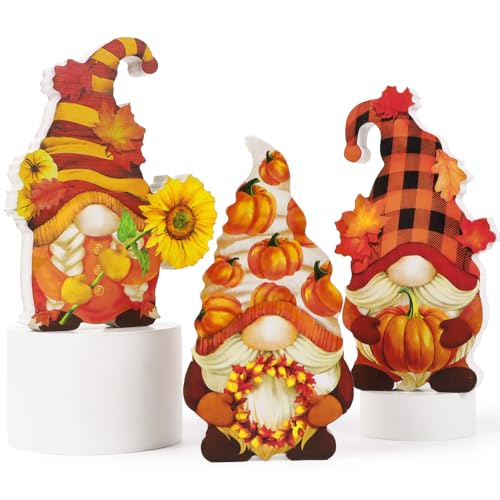 GEBETTER 3 pcs Autumn Gnomes Decorations Wooden Table Sign Double-Sided Autumn Sign Gifts for Thanksgiving Fall Festival Harvest Home Decors