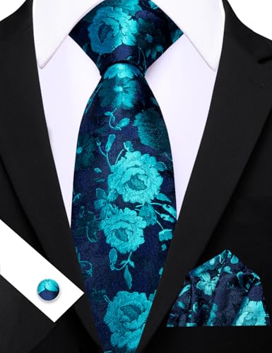Image of Barry.Wang Flower Ties for Men Handkerchief Cufflinks Set Wedding Necktie Set Party