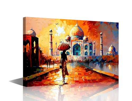 Modern Wall Art 1 Panel Oil Painting Style Pictures Print on Canvas for Living Room Bedroom Decoration, Indian Landscape Inspired in a Taj Mahal Artwork Framed Gallery-Wrapped, 24"Wx16"H