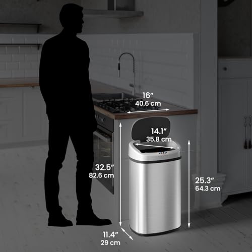 SensorCan 13 Gallon Oval Sensor Trash Can with AC Adapter and Odor Filter, Automatic Motion Sensor Kitchen Bin, Soft-Close Stainless Steel, Slim Curved Wastebasket for Narrow Walkways, Matte Silver by iTouchless - Image 6