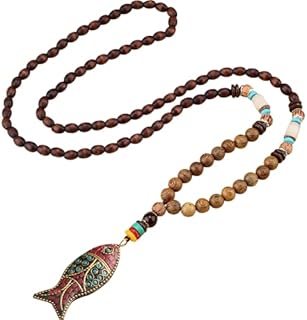 Boho Wood Beads Pendant Necklace Bohemian Vintage Ethnic Fish Pendant Sweater Chain Necklaces for Women