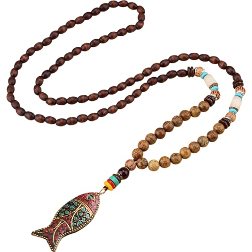 MOTTDAM - Aisoway Boho Bois Perles Pendentif Long Collier Ras du Cou Bijoux Déclaration