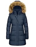 Wiepux Women's Winter Puffer Coat Warm Thicken Jacket with Faux Fur Removable Hood Windproof Parka Outwear,Navy,XXL