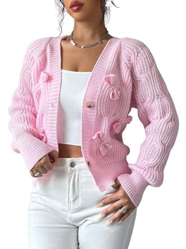 Verdusa Womens Bow Cardigan Long Sleeve Chunky Sweater Outerwear Fall Cardigans Trendy Pink Large