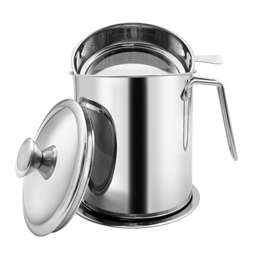 Zalaxt Speck-Fettbehälter mit Sieb, Fettsieb und Behälter mit staubdichtem Deckel, 304 Edelstahl, Ölaufbewahrung mit feinem Netz, 1,7 l