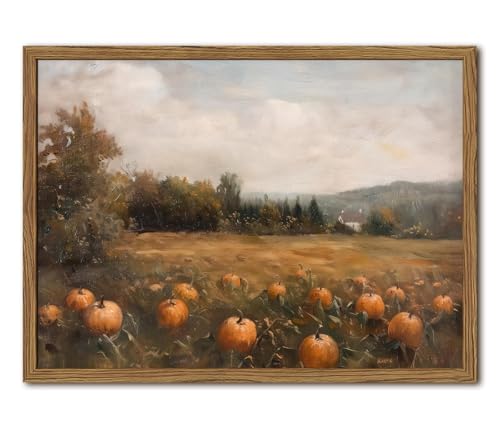 Framed Vintage Pumpkin Wall Art, Farmhouse Pumpkin Field Pictures Wall
