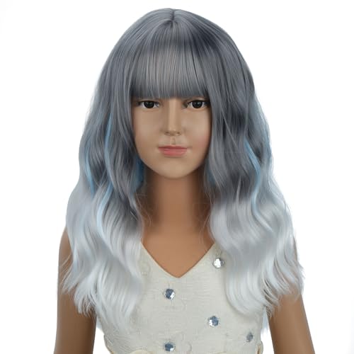 Image of PATTNIUM Girls Gray Ombre White Short Wavy Curly Wig with Bangs Kids Grey Ombre Bob Wigs Synthetic Halloween Costume Cosplay Party Wigs