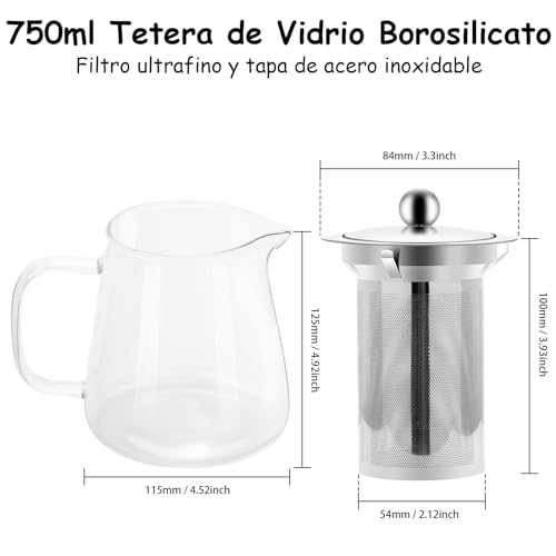 Miniatura 2 de Honneeo Tetera Borosilicato 750 Ml Con Infusor Y Colador De Acero Inoxidable, Para Estufa, Té De Hojas Sueltas, Hierbas Y Frutas
