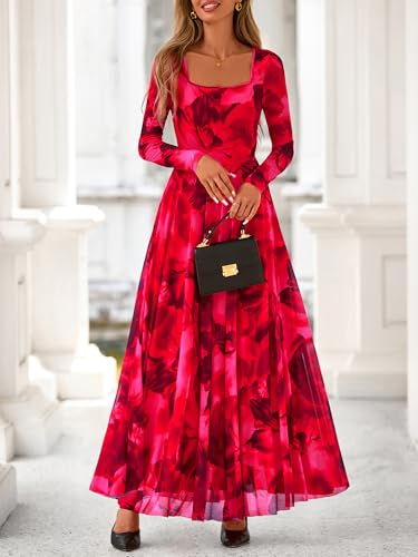 BTFBM Women Maxi Dress Fall 2025 Fashion Elegant Long Sleeve Square Neck Floral Print Party Club Wedding Guest Dresses