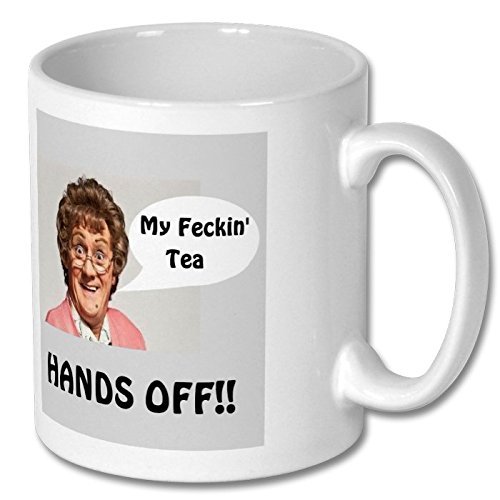 Cps Designs Boys White Novelty Mug ≈ My Feckin Tea - Hands Off ≈ Mrs Browns Themed Design - Fun For Mrs Brown's Bbc Tv Comedy Show/Programme Fan - Ref M531