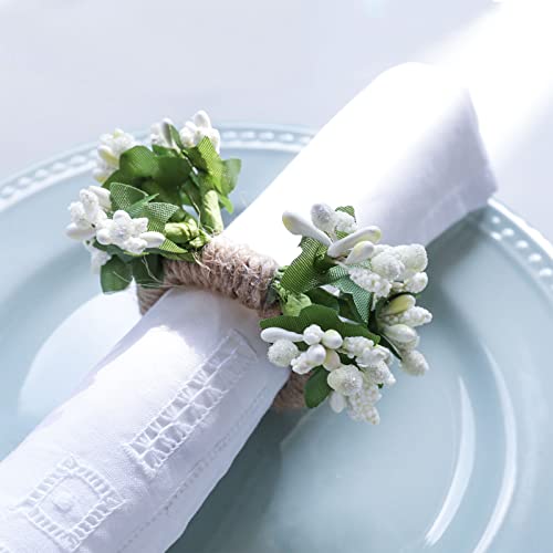 Kalopro Handmade White Berry Napkin Rings Set Of 4,Farmhouse Napkin Holder Rings For Table Decoration,Hemp Rope Napkin Ring For Wedding,Christmas,Thanksgiving Day,Party(Handmade Berry) #TOP1