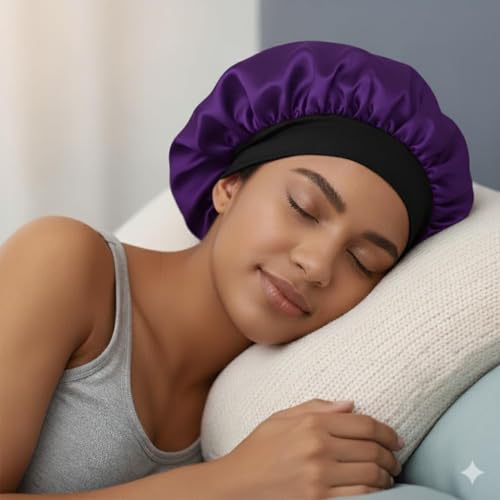Image of Silk Bonnet for Hair with 3 Scrunchies, Adjustable Silk Hair Cap for Sleeping, Satin Bonnet for Curly Hair, shower cap with Wide Elastic Tie Band (Purple)