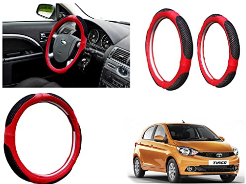 Image of Microfiber Car Steering Wheel Cover, Soft Padding Great Hand Feel, Anti-Slip, Faux Leather Steering Cover for Tata Tiago | Black Red Jali - Pack of 1