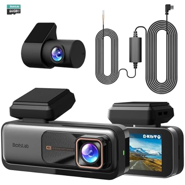 BOTSLAB przednia i tylna kamera samochodowa 4K+2K z GPS WiFi i zestawem hardwire, kamera samochodowa z ADAS, bezpłatna karta 64 GB, monitorowanie parkowania 24/7, IPS 2,45\