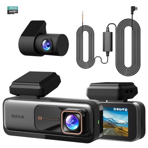 BOTSLAB przednia i tylna kamera samochodowa 4K+2K z GPS WiFi i zestawem hardwire, kamera samochodowa z ADAS, bezpłatna karta 64 GB, monitorowanie parkowania 24/7, IPS 2,45", noktowizor, WDR, szeroki