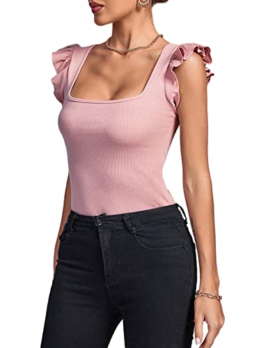 LYANER Women's Ribbed Square Neck Ruffle Tank Top #TOP20