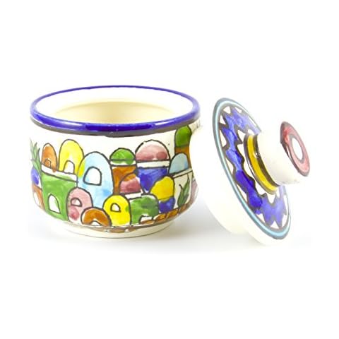 Small Armenian Ceramic Bowl with Matching Lid, Old City Scene Cover