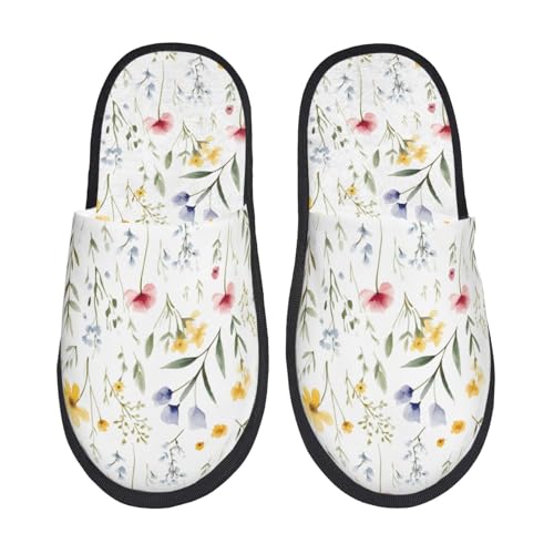 Watercolor Floral Print Women'S Fuzzy Slip On Indoor Outdoor Winter House Slippers